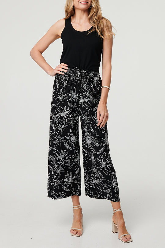 Floral Drawstring Waist Wide Trousers in BLACK