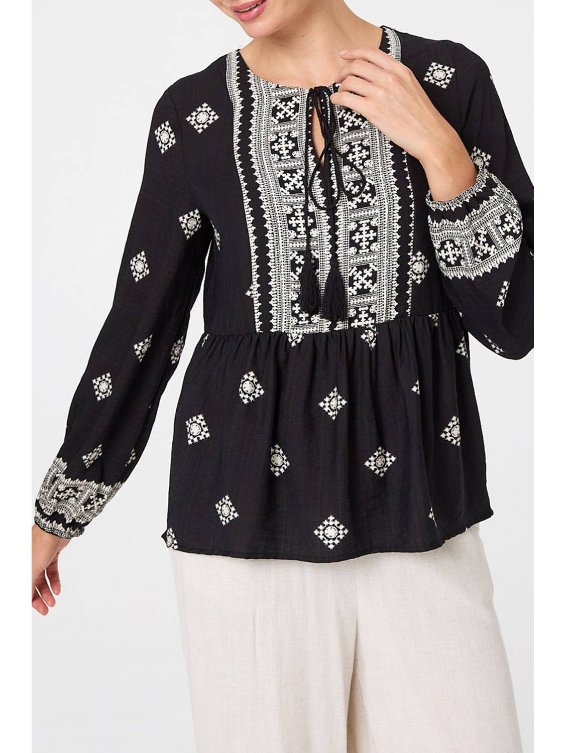 Printed Tassel Front Long Sleeve Blouse (sale)