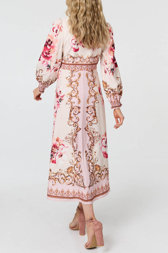 Floral Border Long Sleeve Maxi Dress in PINK