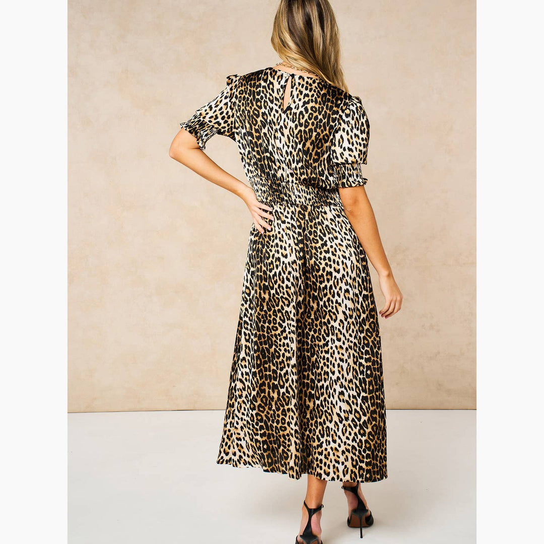 Leopard Print Midi Tea Dress in Cream