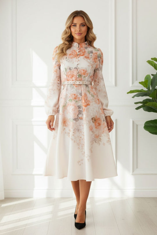 Floral Long Sleeve Belted Midi Dress in MULTI PINK/Peach (sale)