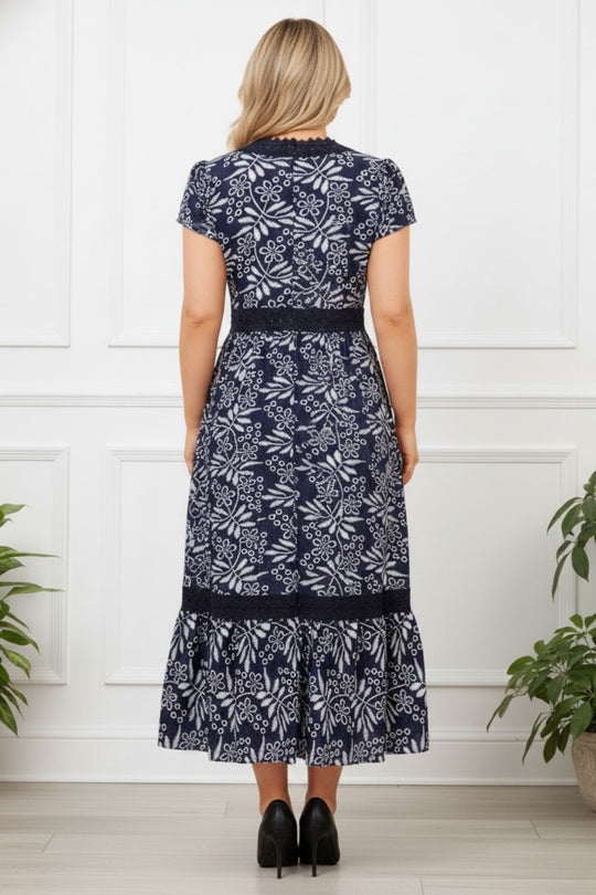 Leaf Print Lace Trim Midi Dress in NAVY