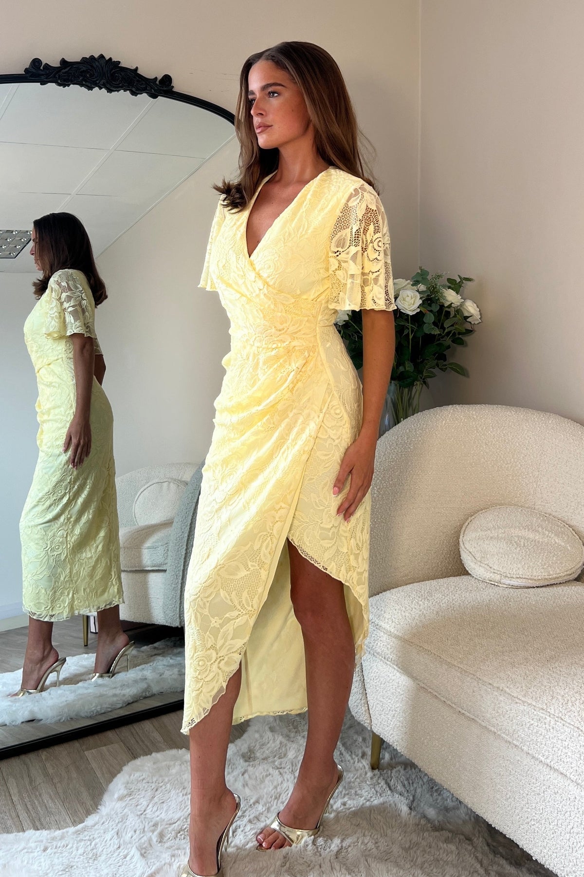 Angel Sleeve Wrap Midi Dress In Yellow Lace (sale)