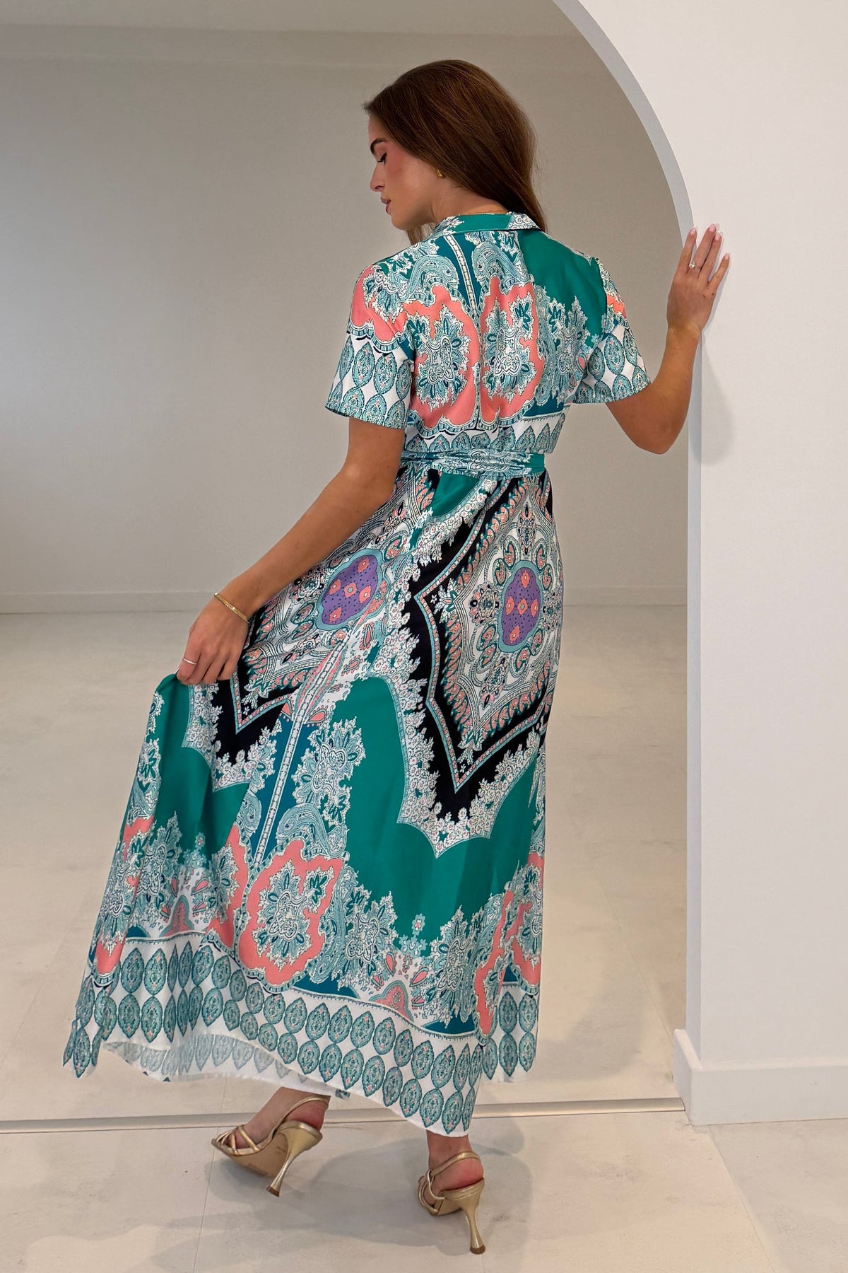 Aurora Paisly Print Midi Shirt Dress Green (sale)
