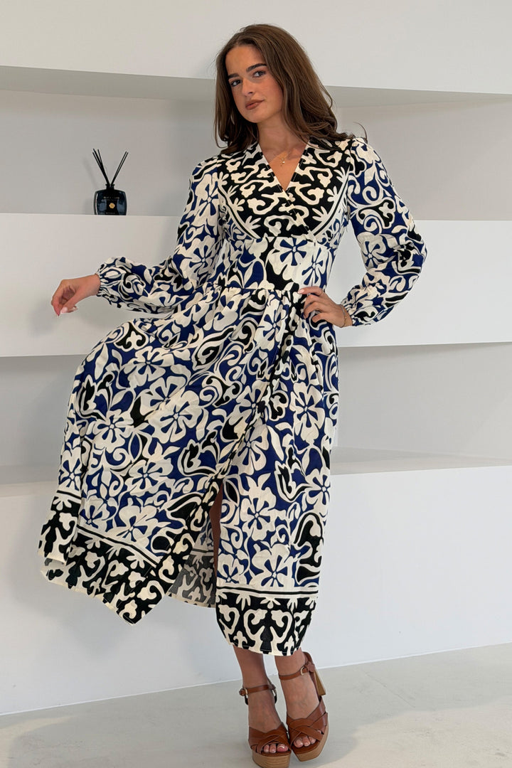 Border Print Long Sleeve Maxi Dress Blue