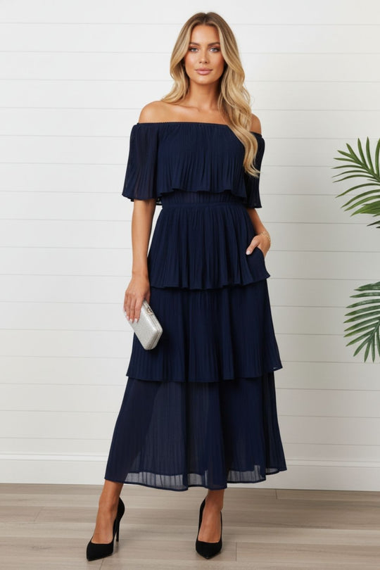Pleated Layered Tiered Bardot Midi Dress in NAVY