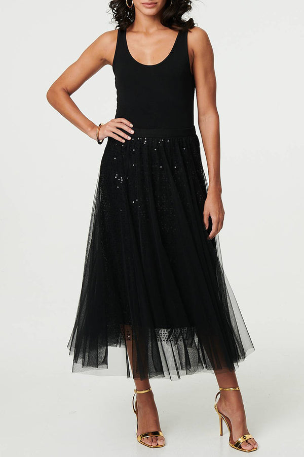 Sequin Embellished Mesh Layer Midi skirt in Black