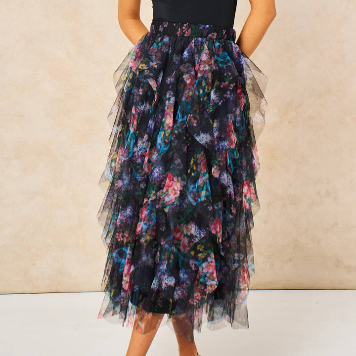 Black Floral Layered Tulle Maxi Skirt