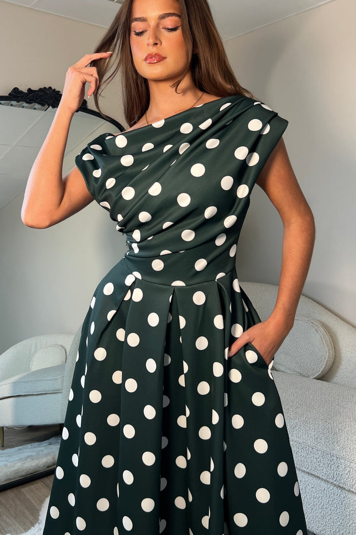 Betty Asymmetric Neckline skater Midi green spot