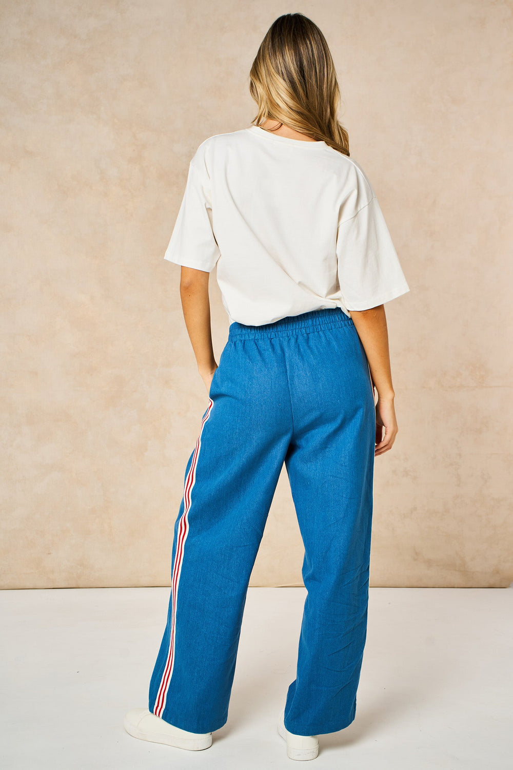 Striped Trim Wide Leg Trousers in Denim Blue
Cotton blend