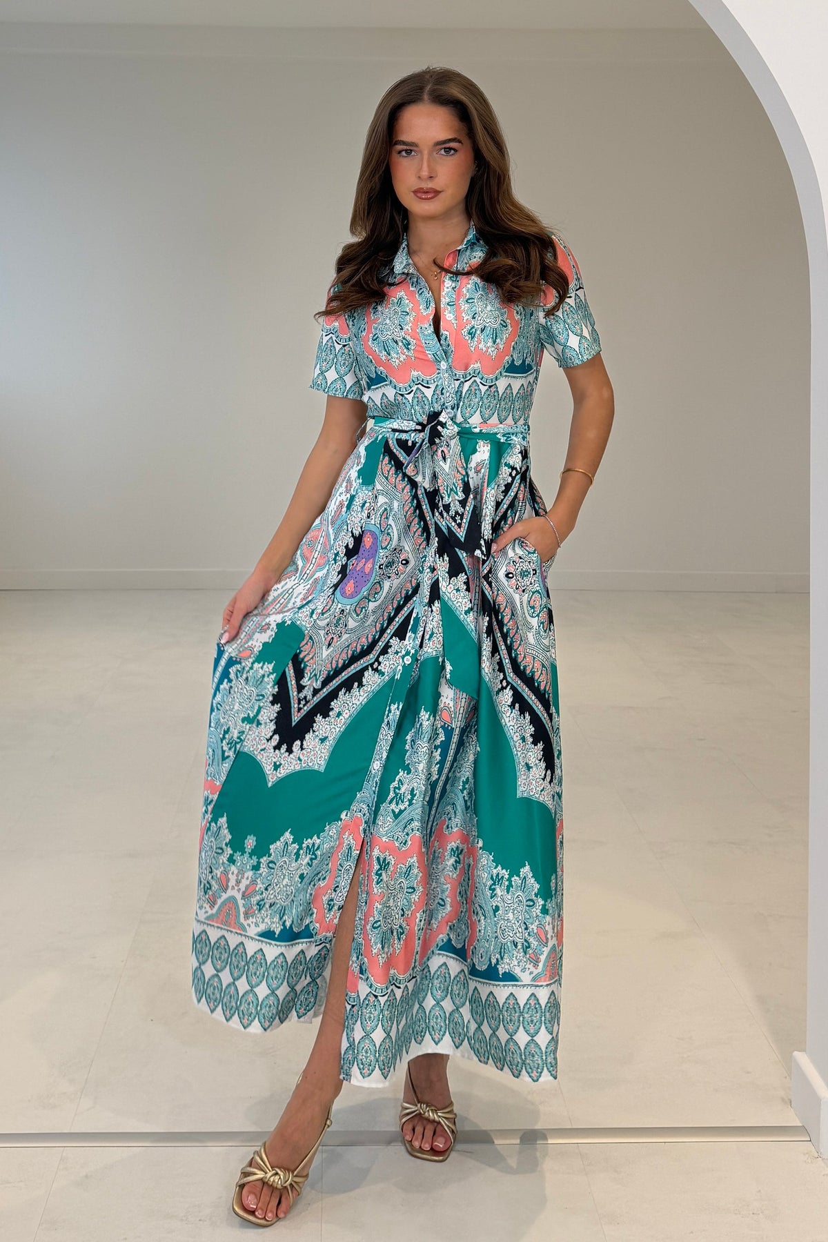 Aurora Paisly Print Midi Shirt Dress Green (sale)