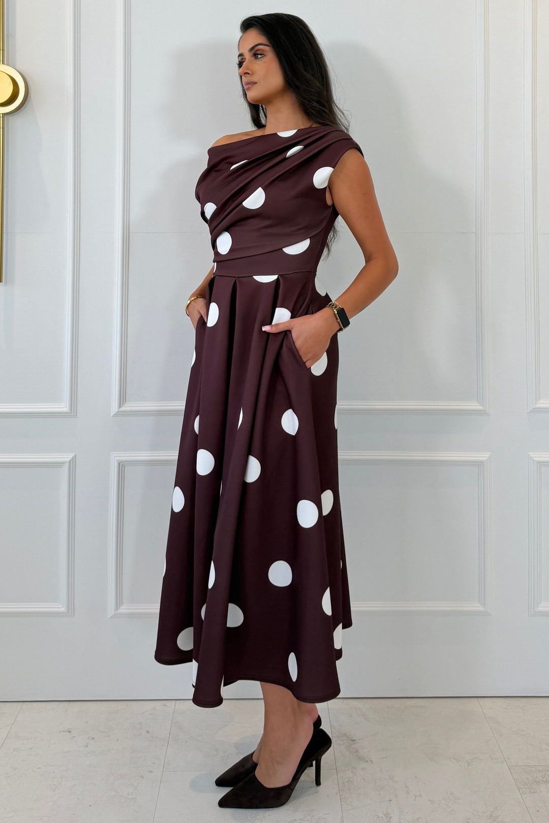 Betty Asymmetric Neckline Skater Midi Large Brown Polka (coming soon )