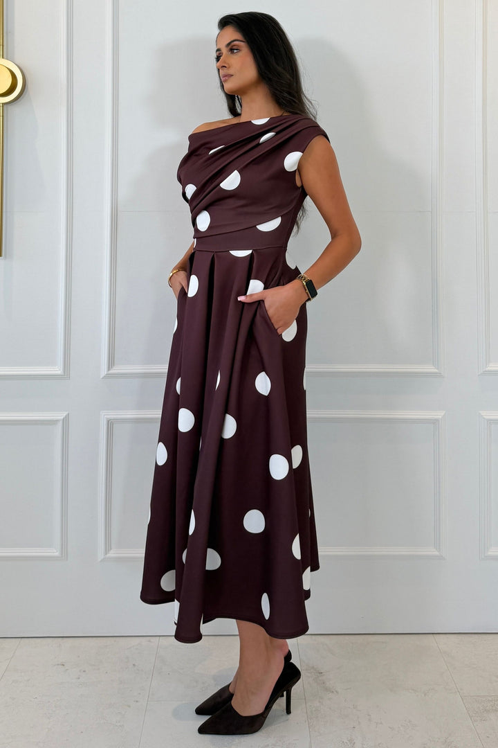 Betty Asymmetric Neckline Skater Midi Large Brown Polka (coming soon )