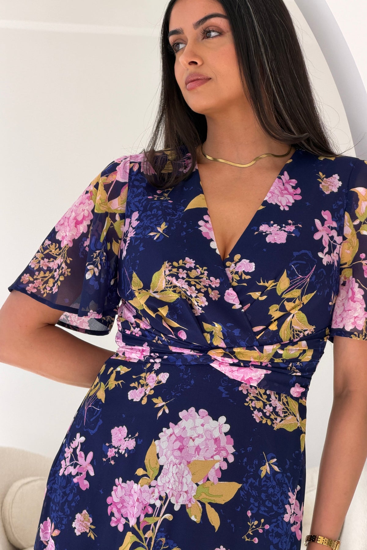 Daisy Wrap Neck Twist Detail Midi Dress Navy (sale)