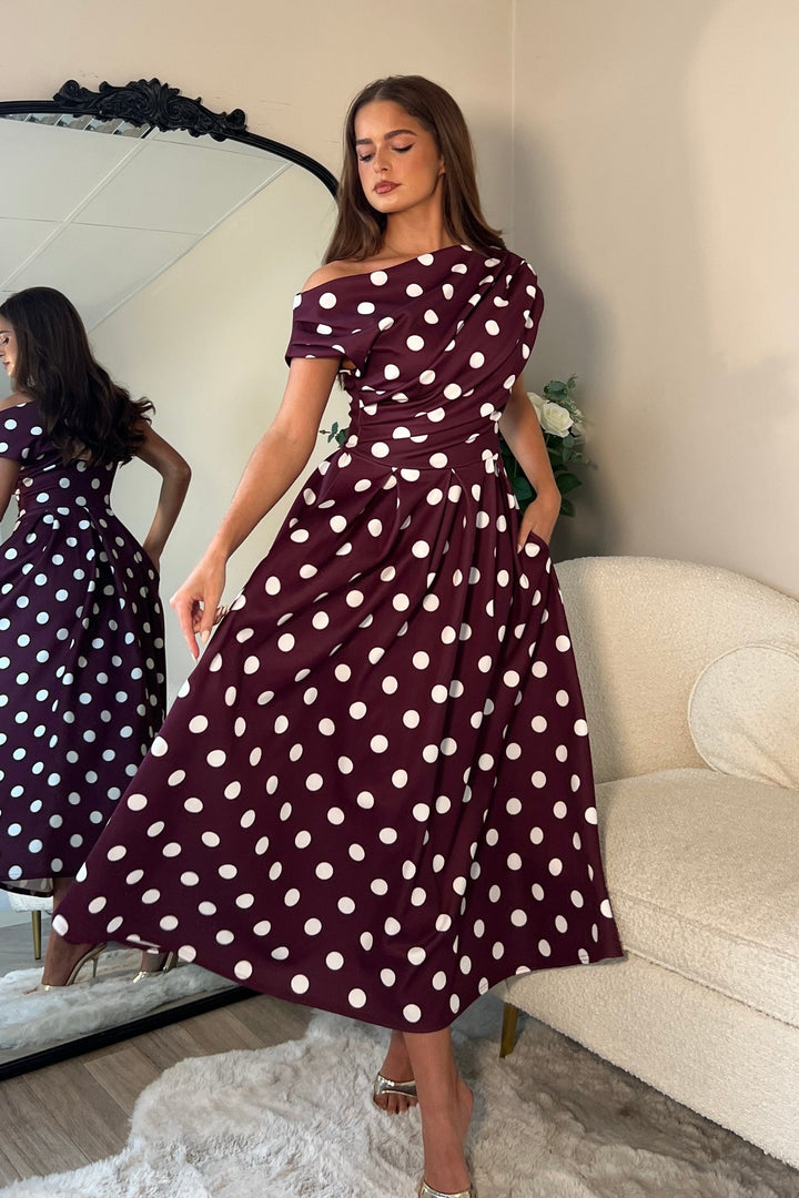 Betty Asymmetric Neckline skater Midi Berry spot