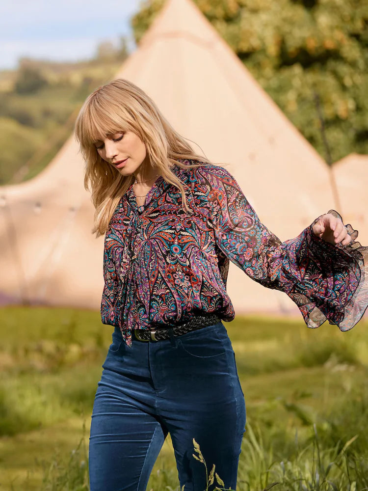 Joe Brown Boho Print Tie Neck Blouse With Ruffle Sleeve Detail