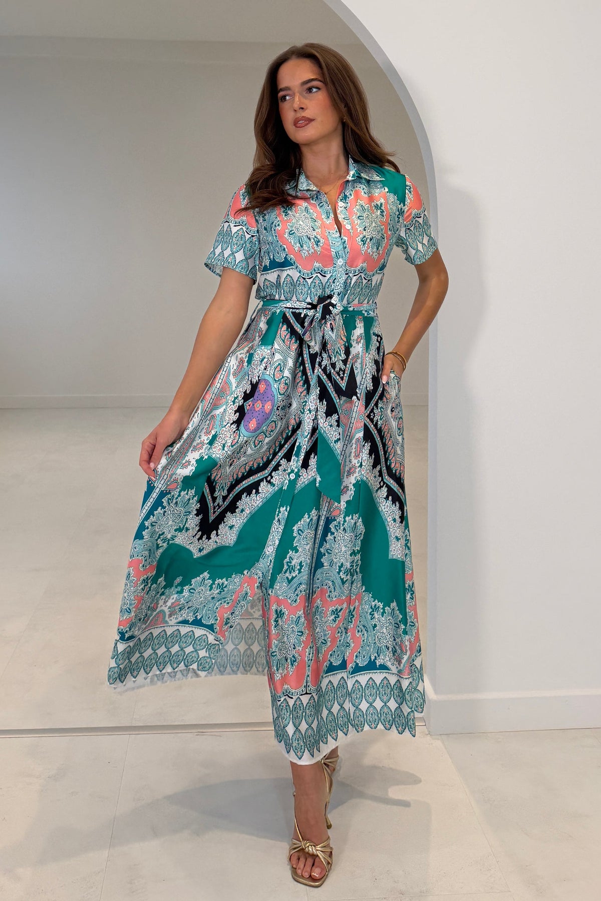 Aurora Paisly Print Midi Shirt Dress Green (sale)