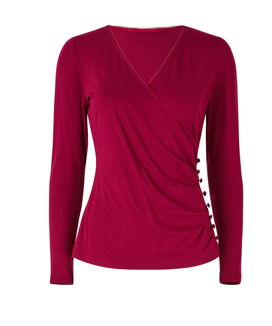 Beautiful Berry wrap front jersey top