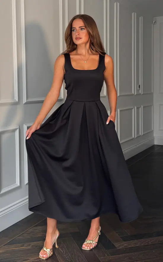 Erica square neck pleated midi dress in Black