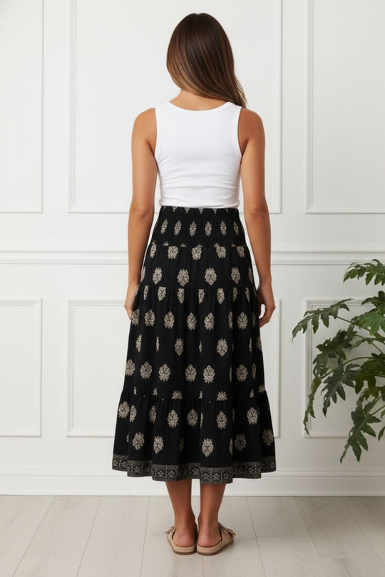 Printed Shirred Tiered Midi Skirt in BLACK