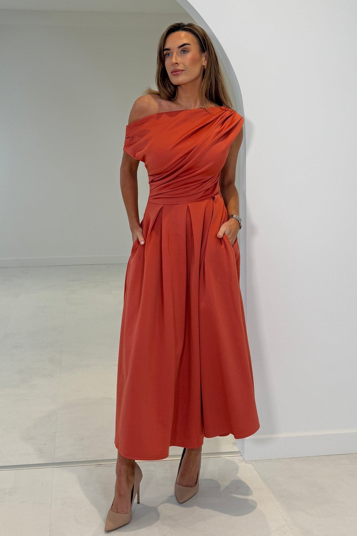 Betty Asymmetric Dress in clay