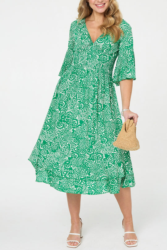 Printed 3/4 Sleeve Ruched Midi Dress
