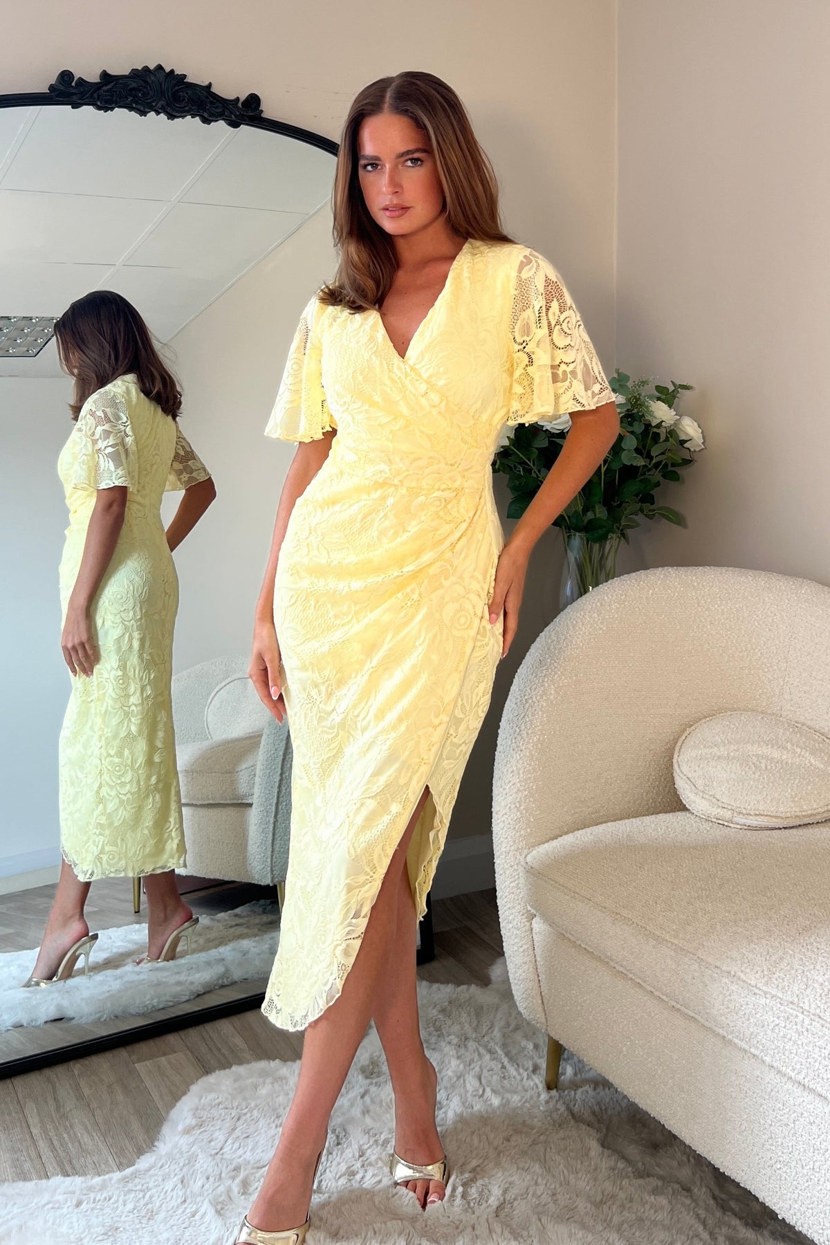 Angel Sleeve Wrap Midi Dress In Yellow Lace (sale)