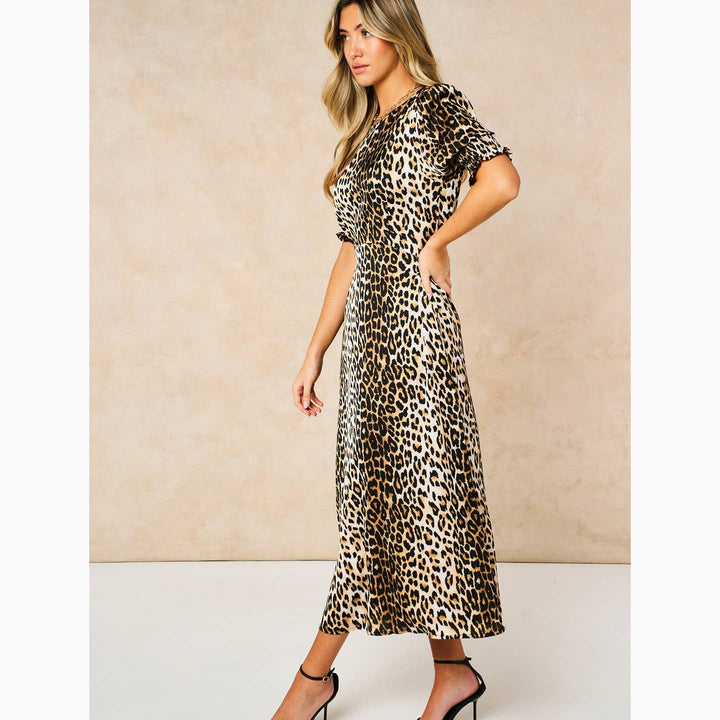 Leopard Print Midi Tea Dress in Cream