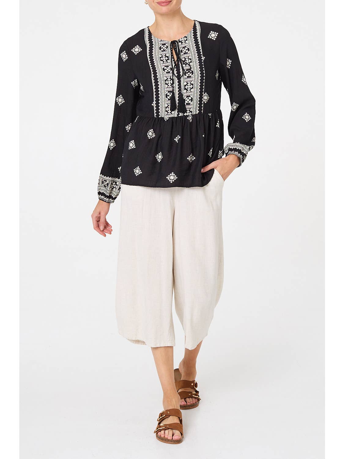 Printed Tassel Front Long Sleeve Blouse (sale)