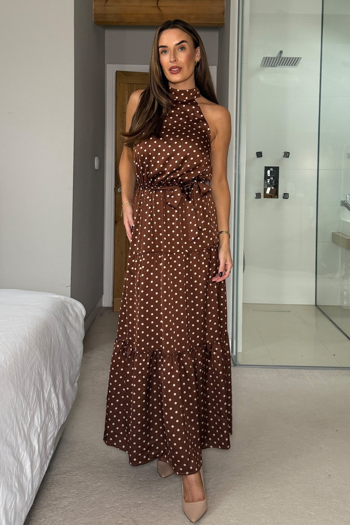 Halterneck Tiered Maxi Dress Brown Spot