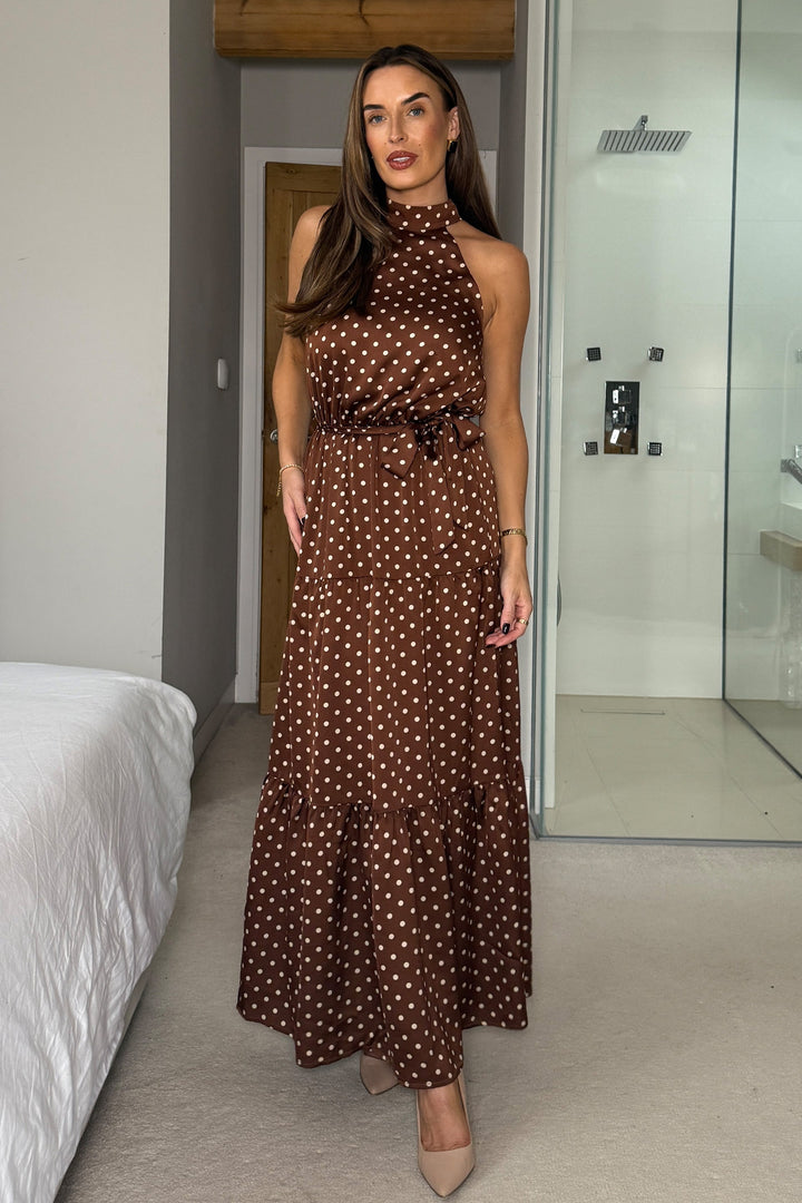 Halterneck Tiered Maxi Dress Brown Spot