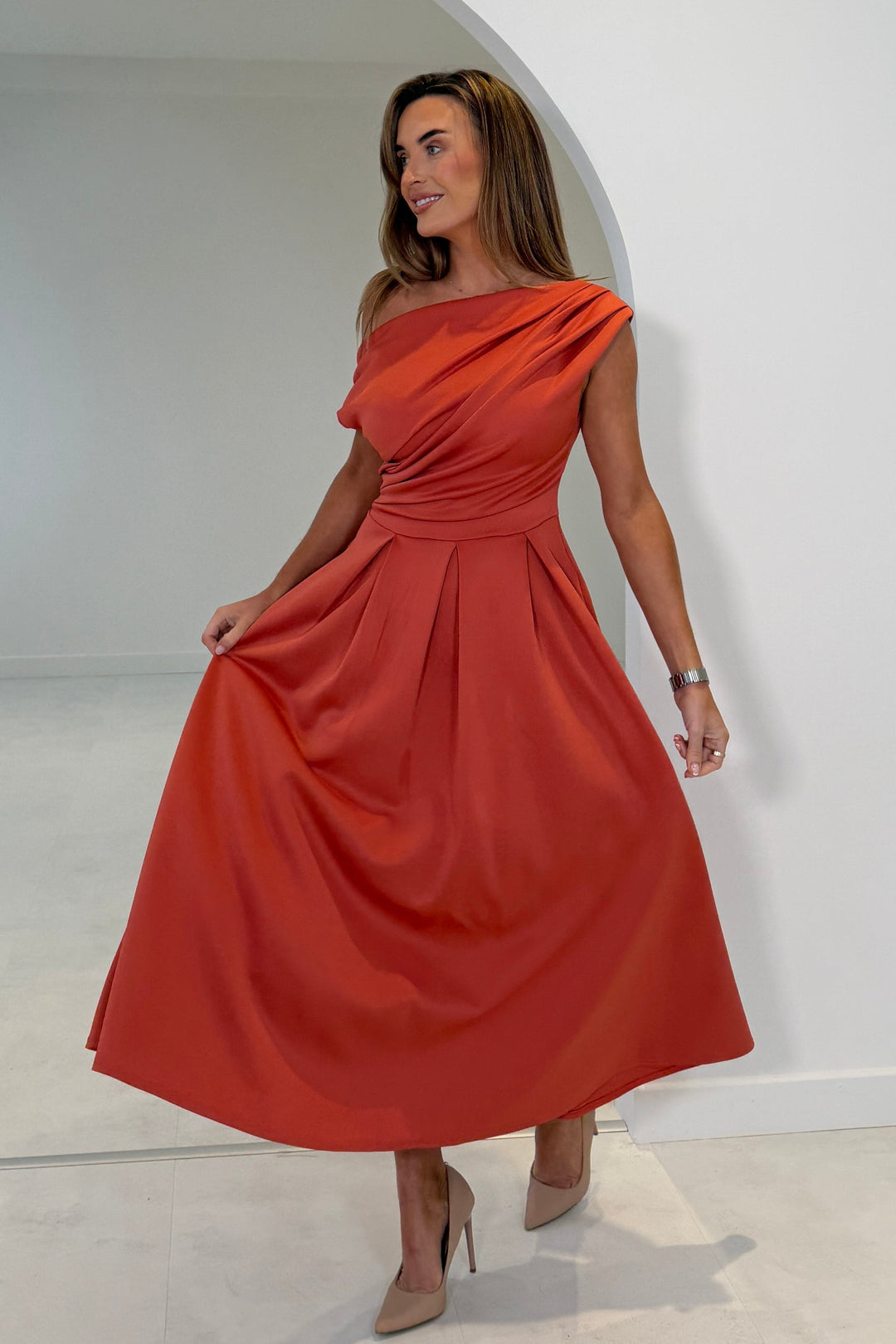 Betty Asymmetric Dress in clay