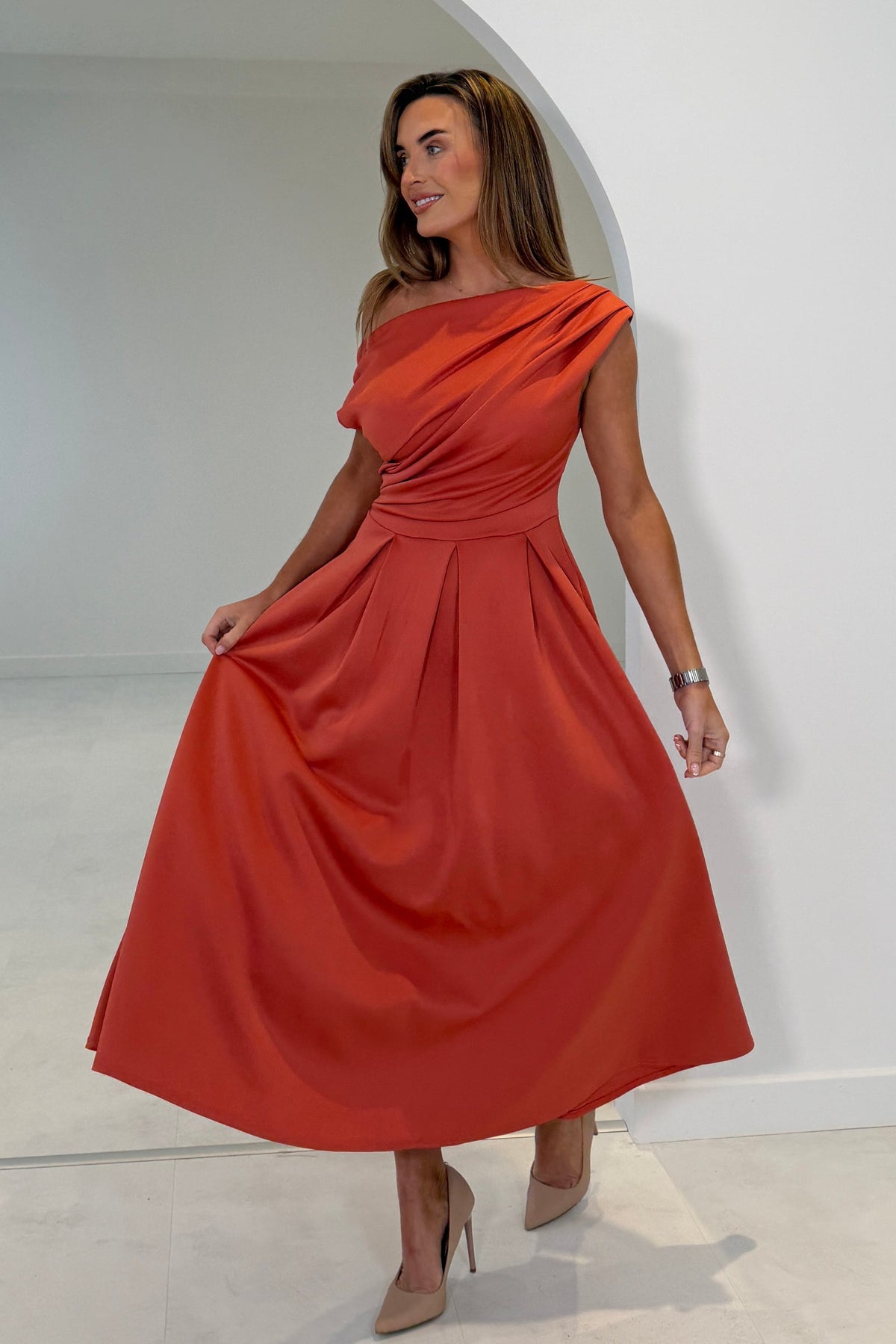 Betty Asymmetric Dress in clay