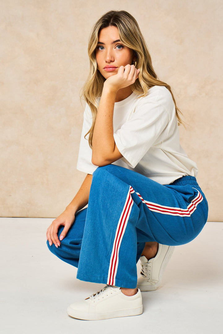 Striped Trim Wide Leg Trousers in Denim Blue
Cotton blend