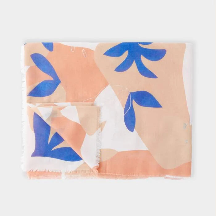 Printed botanical mix scarf in blue, white and peach live offer
