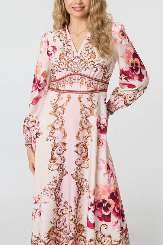 Floral Border Long Sleeve Maxi Dress in PINK