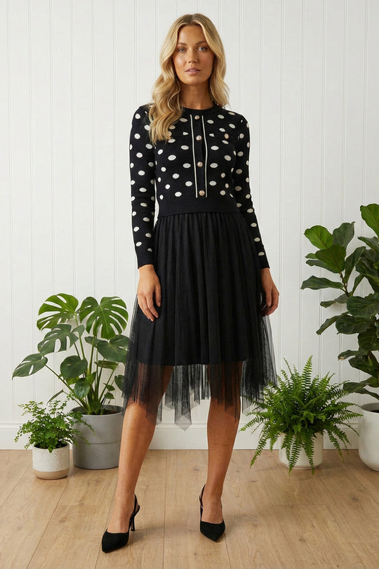 Polka Dot Print Mesh Layer Midi Dress in BLACK – Georgia May Fashion Ltd