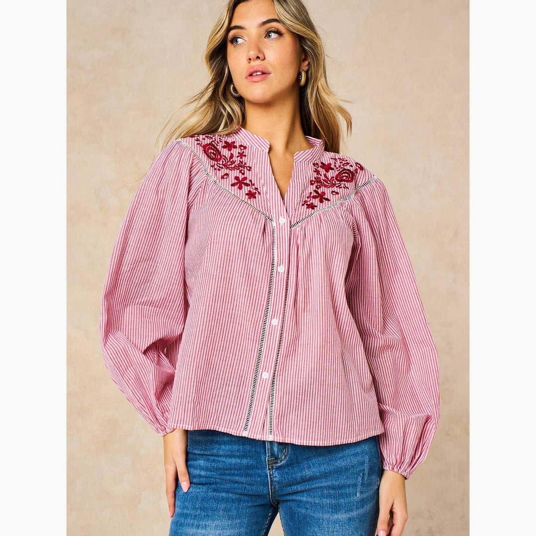 Embroidered Floral Long Sleeve Cotton Shirt in Red