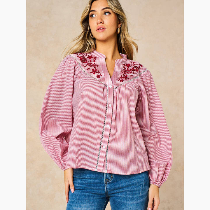 Embroidered Floral Long Sleeve Cotton Shirt in Red