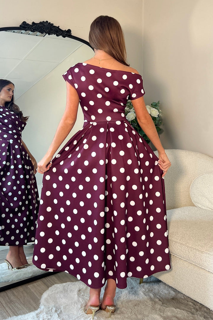 Betty Asymmetric Neckline skater Midi Berry spot
