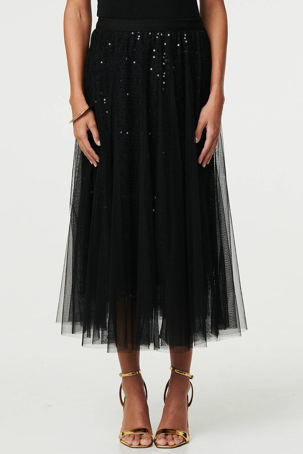 Sequin Embellished Mesh Layer Midi skirt in Black
