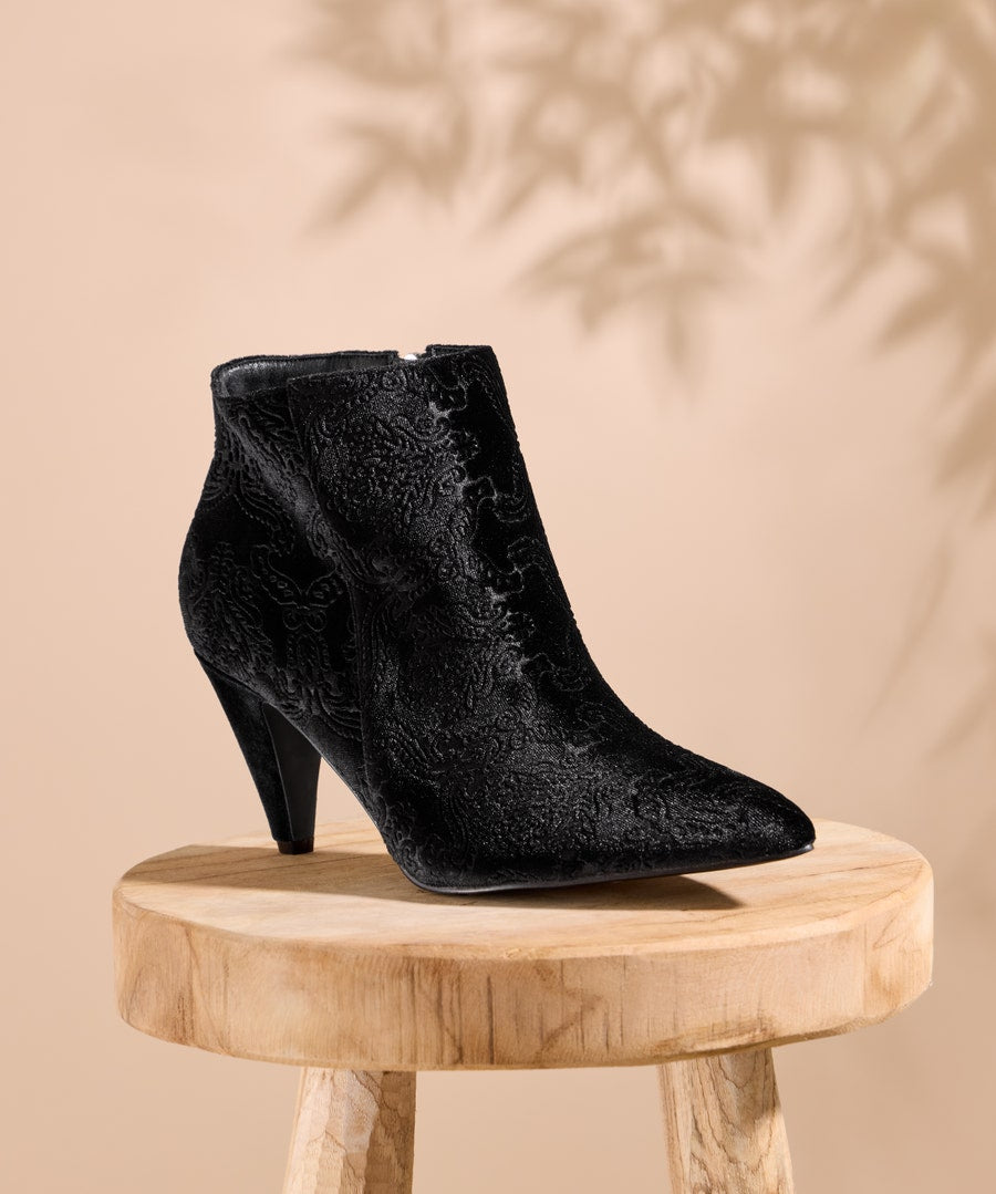 Vivacious Embossed Velvet Ankle Boots