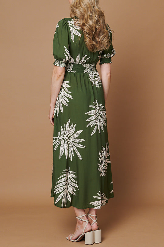 Leaf Print Puff Sleeve Maxi Dress in GREEN