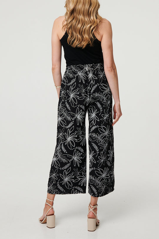 Floral Drawstring Waist Wide Trousers in BLACK