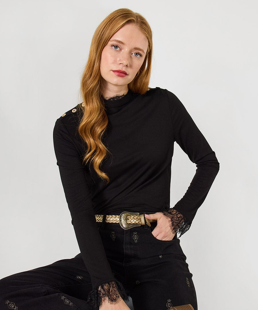 Delicate Lace Trim High Neck Top in Black