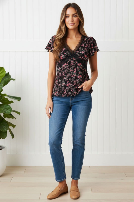 Ditsy Floral lace Trim cap sleeve top