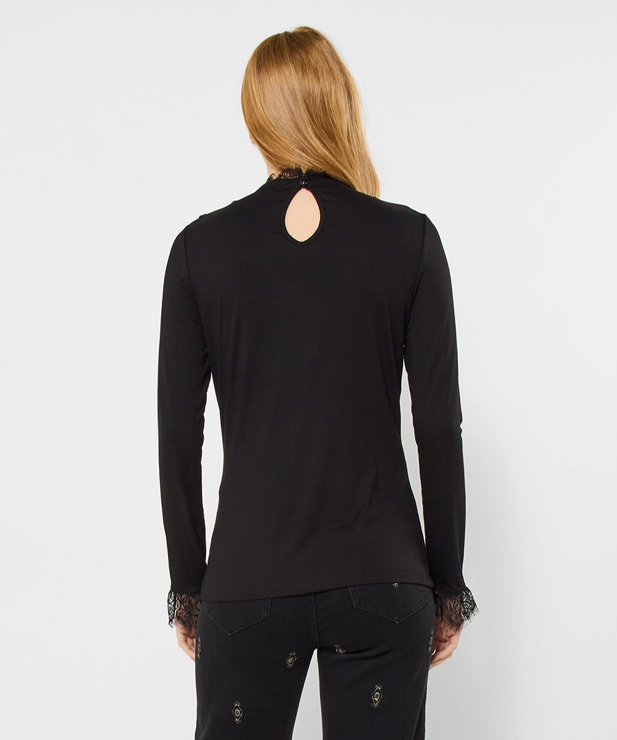 Delicate Lace Trim High Neck Top in Black