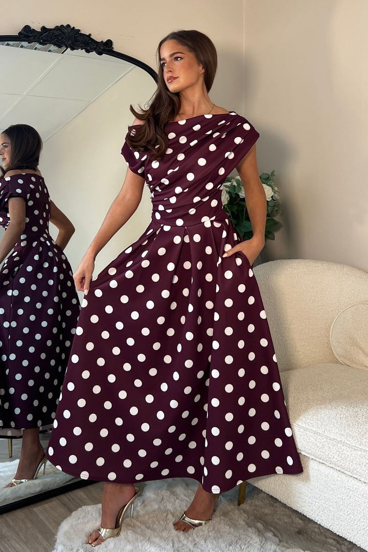 Betty Asymmetric Neckline skater Midi Berry spot