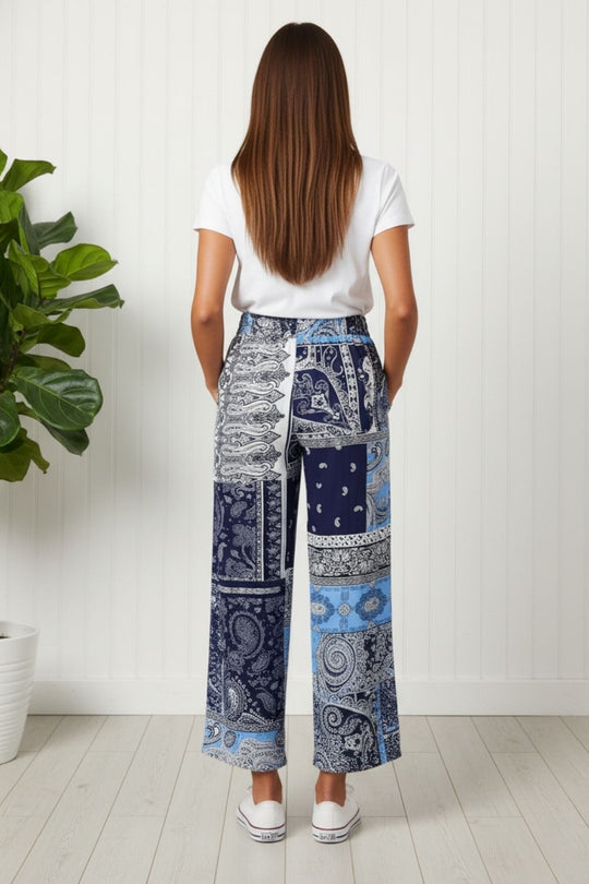 Patchwork Print High Waist Wide Trousers in NAVY