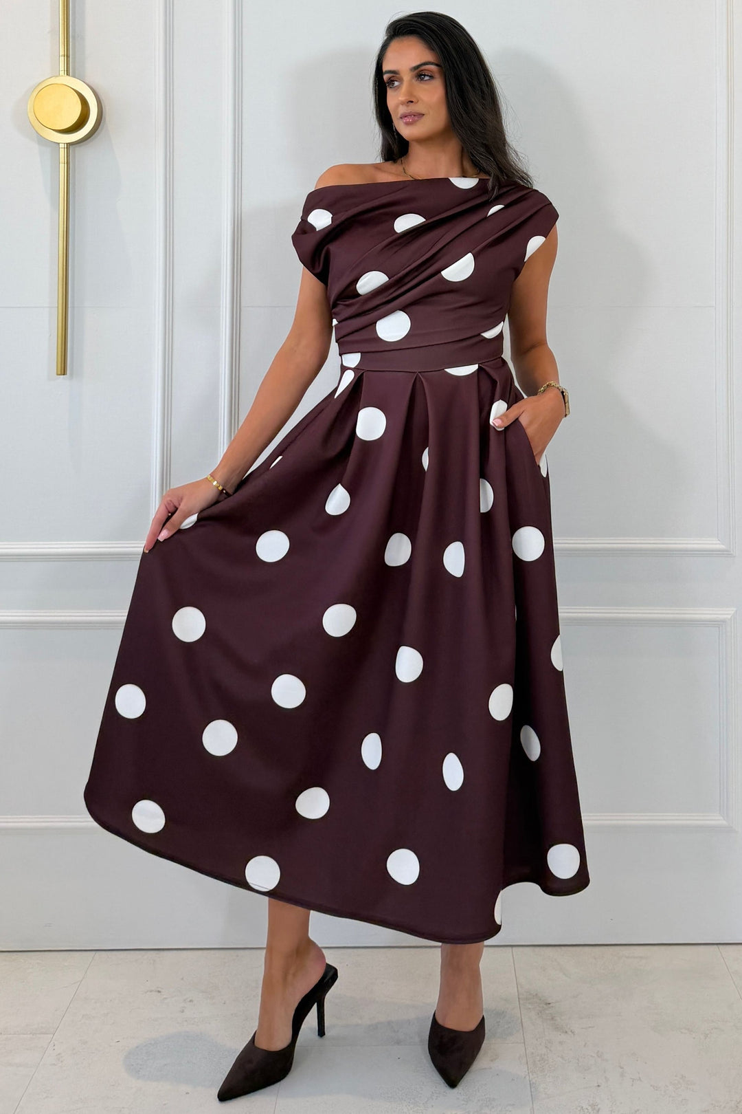 Betty Asymmetric Neckline Skater Midi Large Brown Polka (coming soon )